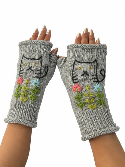 Yak & Yeti Gloves Cat Floral Embroidered Fingerless Gloves - Multiple Colors 25397726 Cat Floral Embroidered Fingerless Gloves - Multiple Colors