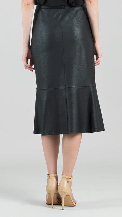 A model from the back wearing a black faux-leather midi skirt with a flared hem, paired with beige high-heeled sandals, against a light gray studio background.