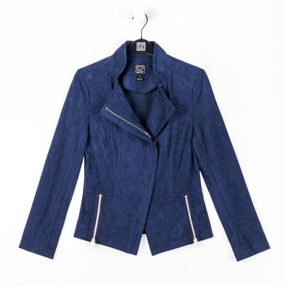 Blue suede jacket on a hanger with a white background