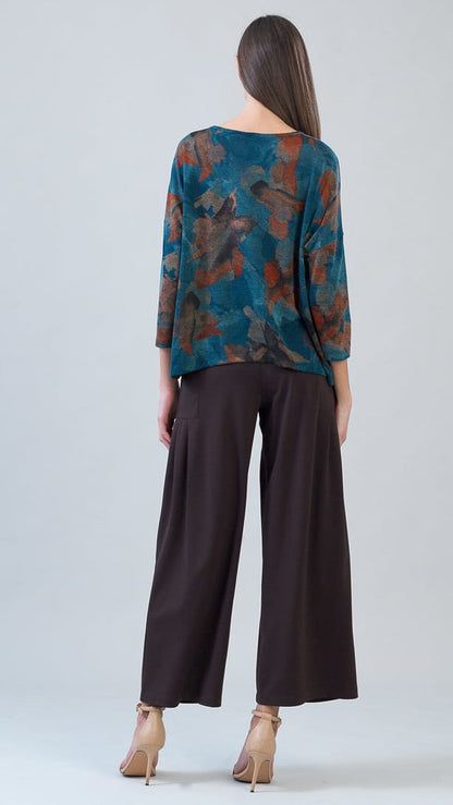 A woman is shown from the back wearing a three-quarter sleeve top with a teal and brown abstract floral pattern, paired with dark brown wide-leg pants and beige high-heeled sandals, set against a plain light gray studio background.
