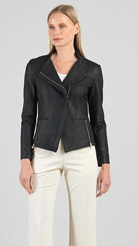Clara Sunwoo Liquid Leather Knit jacket with zip closure, stand up collar with a notched lapel, fitted long sleeves, 2 vertical zip details in front and back seaming making a lovely shape
