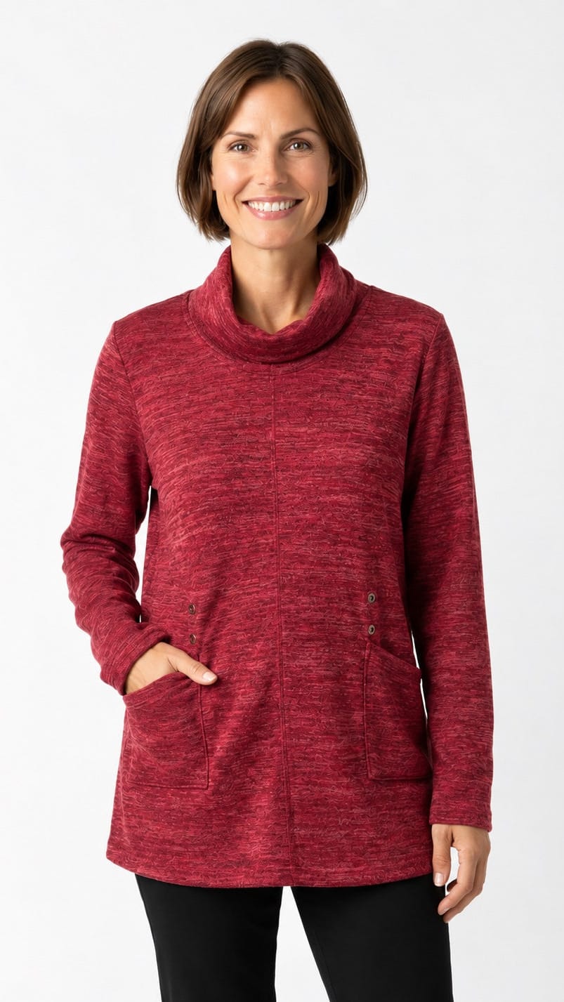 A woman wearing a heathered red long-sleeve tunic sweater with a cowl neck and front pockets, paired with black pants, against a plain white background.