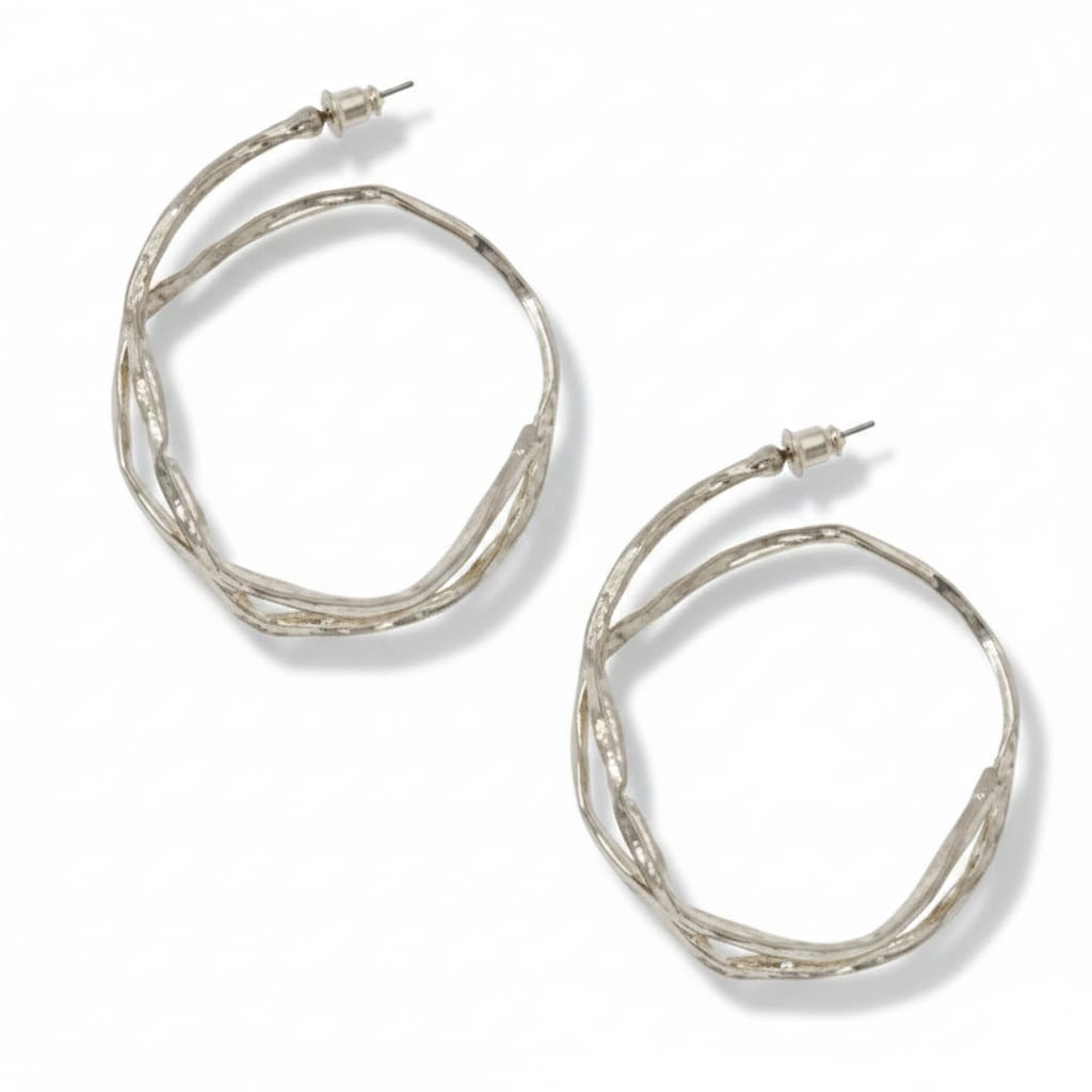 Joy Susan Earrings Hammered Double Hoop Post Earrings - Multiple Metals Hammered Double Hoop Post Earrings - Multiple Metals