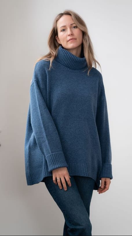 Echo Verde Sweaters Echo Verde Dog Walker Sweater  is an oversized one size sweater with chunky cowl neck and ribbed detail in Denim