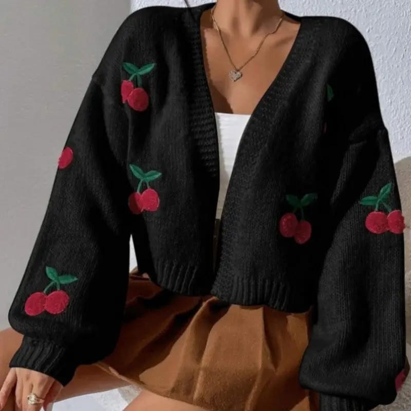 UZ Store Cardigans Embroidered Cherry Crop Cardigan Embroidered Cherry Crop Cardigan