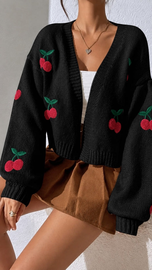 UZ Store Cardigans Embroidered Cherry Crop Cardigan Embroidered Cherry Crop Cardigan