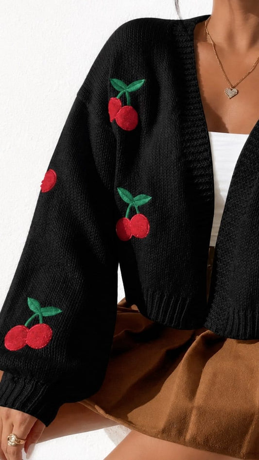 UZ Store Sweaters Embroidered Cherry Crop Cardigan Embroidered Cherry Crop Cardigan