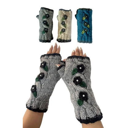 Yak & Yeti Gloves Floral & Leaf Embroidered Fingerless Gloves - Multiple Colors Floral & Leaf Embroidered Fingerless Gloves - Multiple Colors