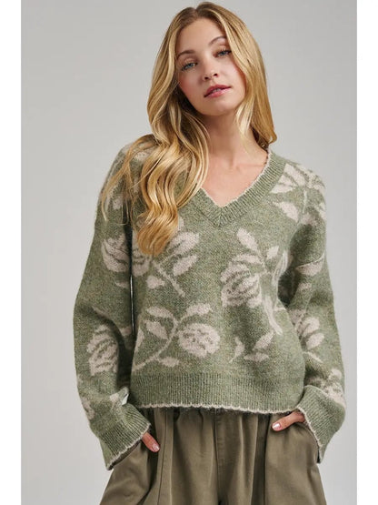 BON Sweaters Floral Botanical V-Neck Sweater Floral Botanical V-Neck Sweater