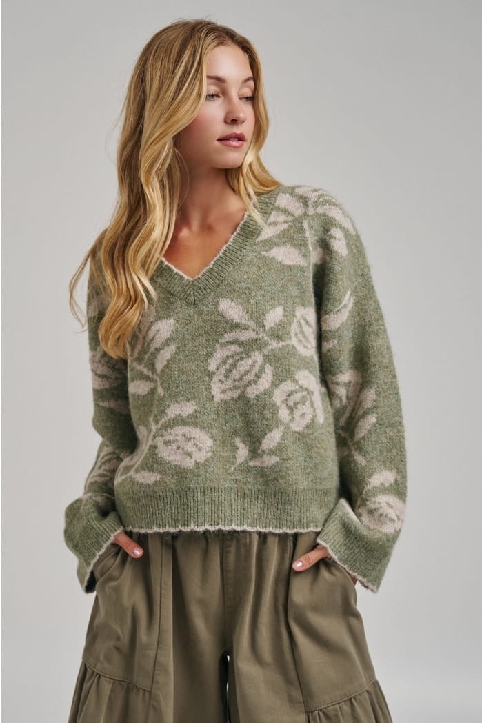 BON Sweaters Floral Botanical V-Neck Sweater Floral Botanical V-Neck Sweater