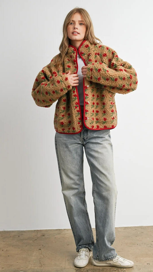 BUTTERMELON Jackets Floral Fluffy Fleece Contrast Trim Jacket Floral Fluffy Fleece Contrast Trim Jacket