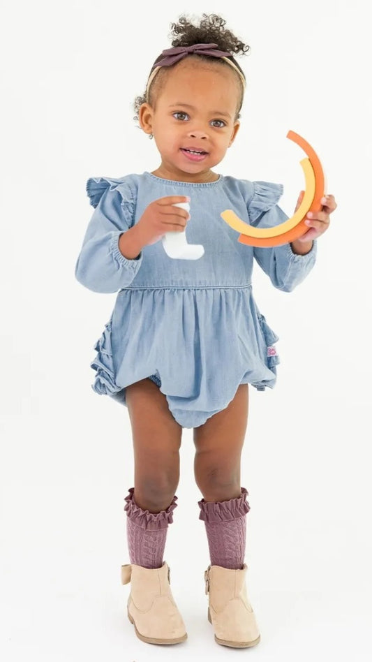 RuffleButts Light Wash Denim Flutter Bubble Romper