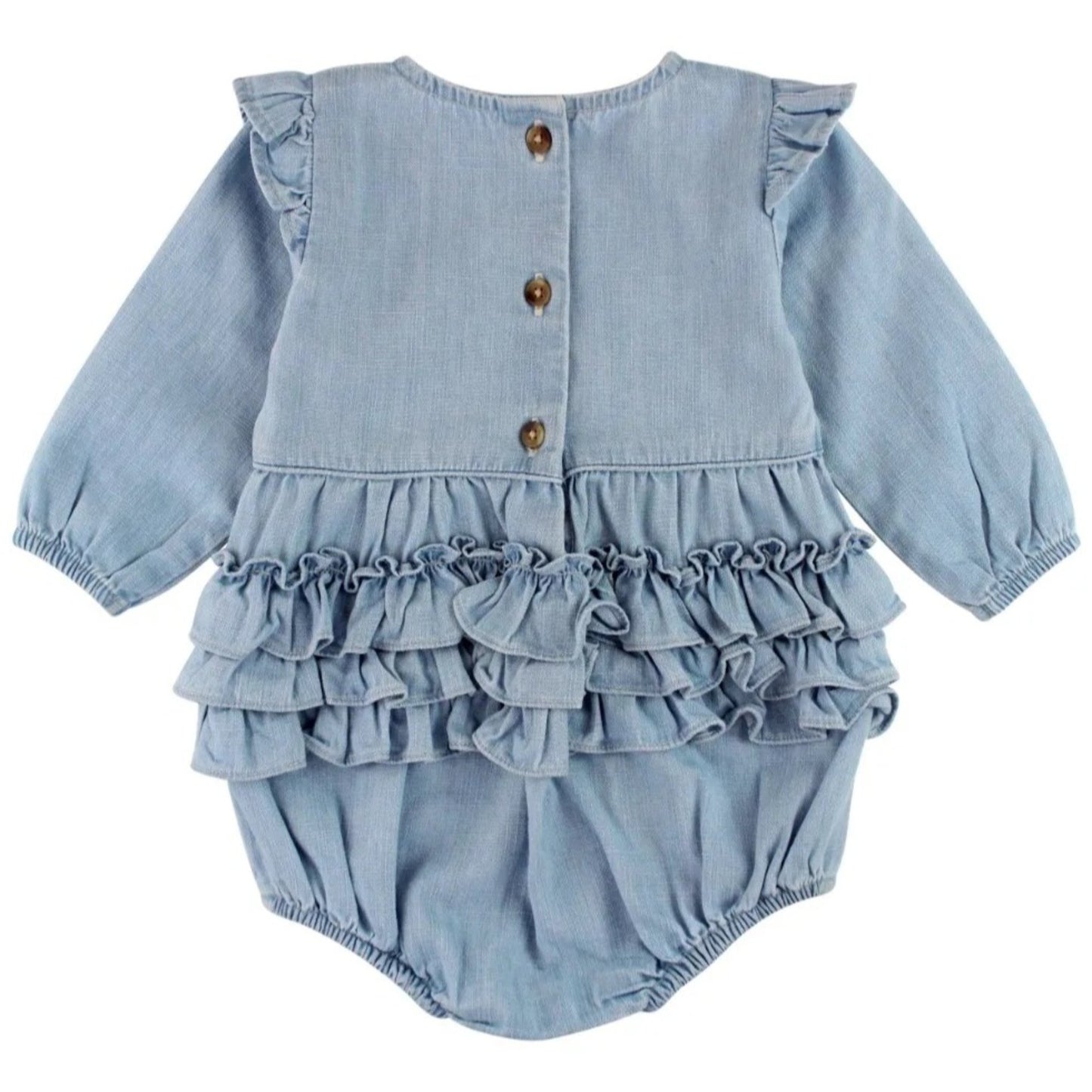 RuffleButts Light Wash Denim Flutter Bubble Romper