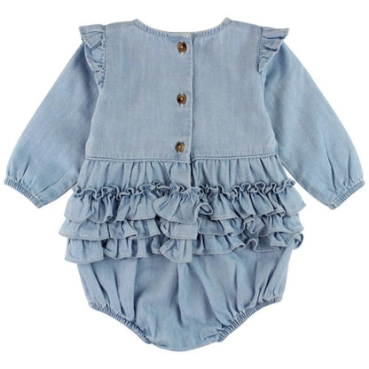 RuffleButts Light Wash Denim Flutter Bubble Romper