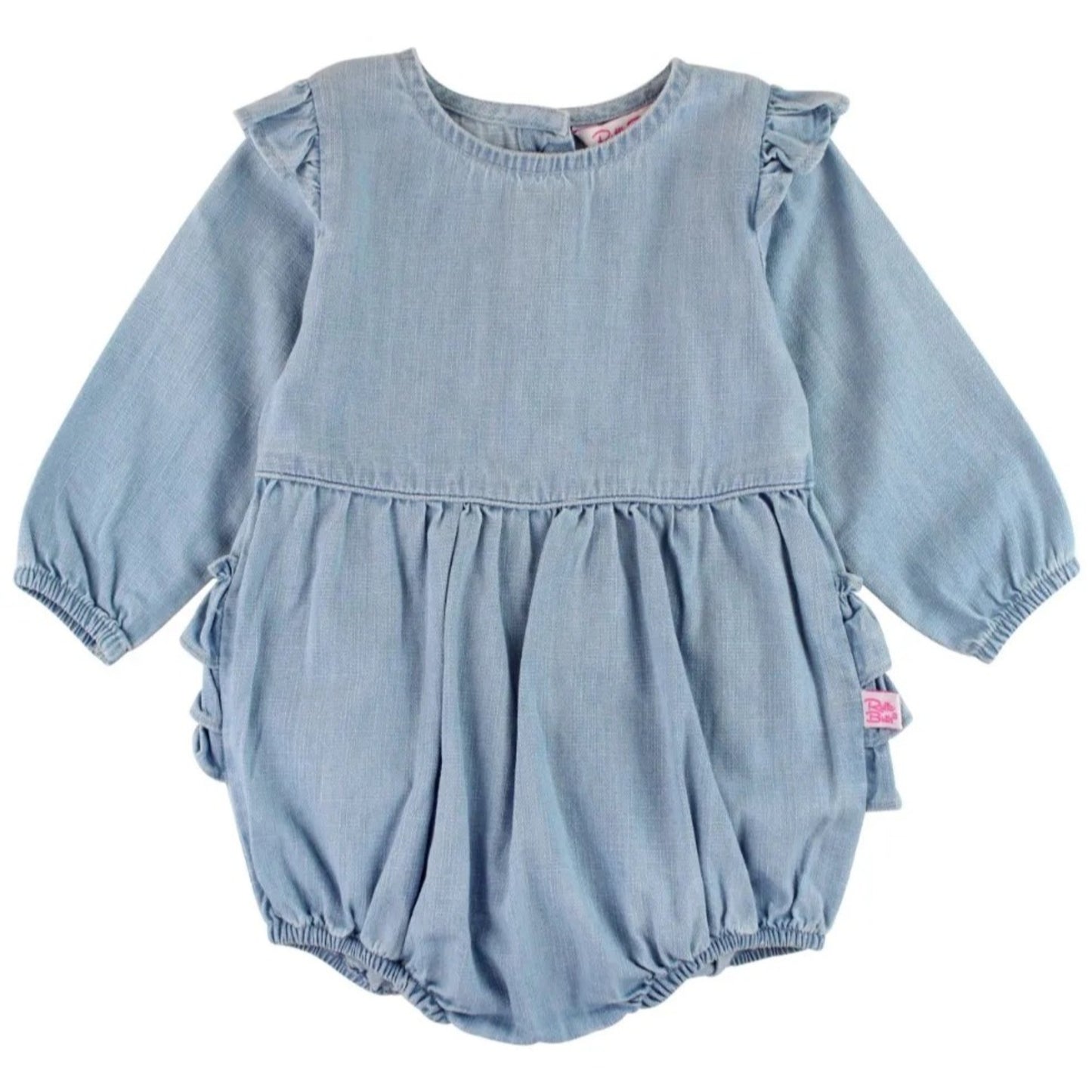 RuffleButts Light Wash Denim Flutter Bubble Romper