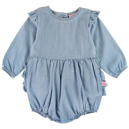 RuffleButts Light Wash Denim Flutter Bubble Romper