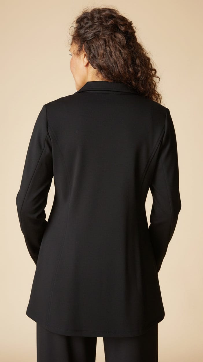 A woman viewed from the back wearing a black blazer and matching trousers against a plain beige studio background.