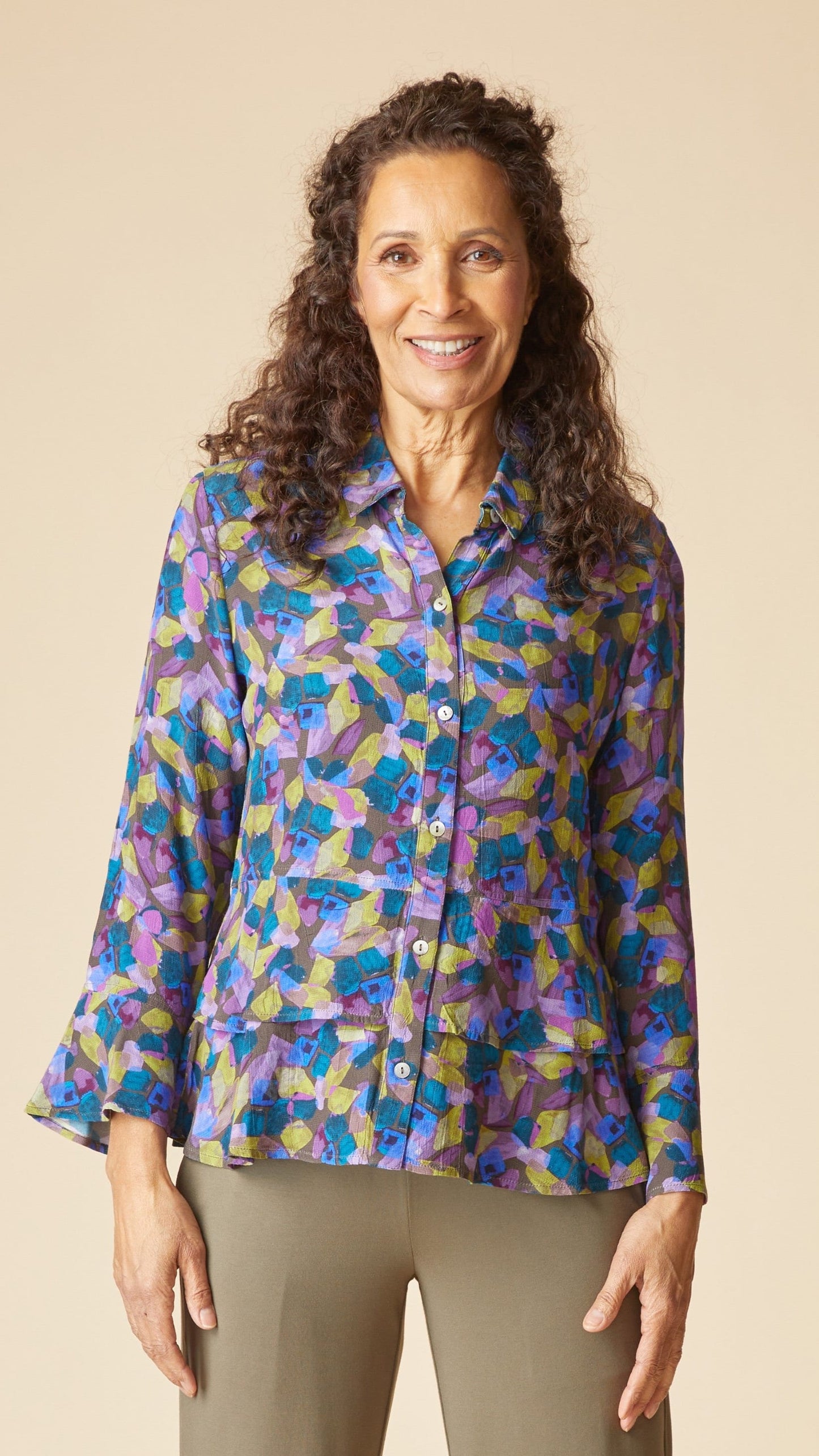 Habitat Blouses Habitat Crepe Painted Stones Flounce Shirt - Multiple Colors Habitat Crepe Painted Stones Flounce Shirt - Multiple Colors
