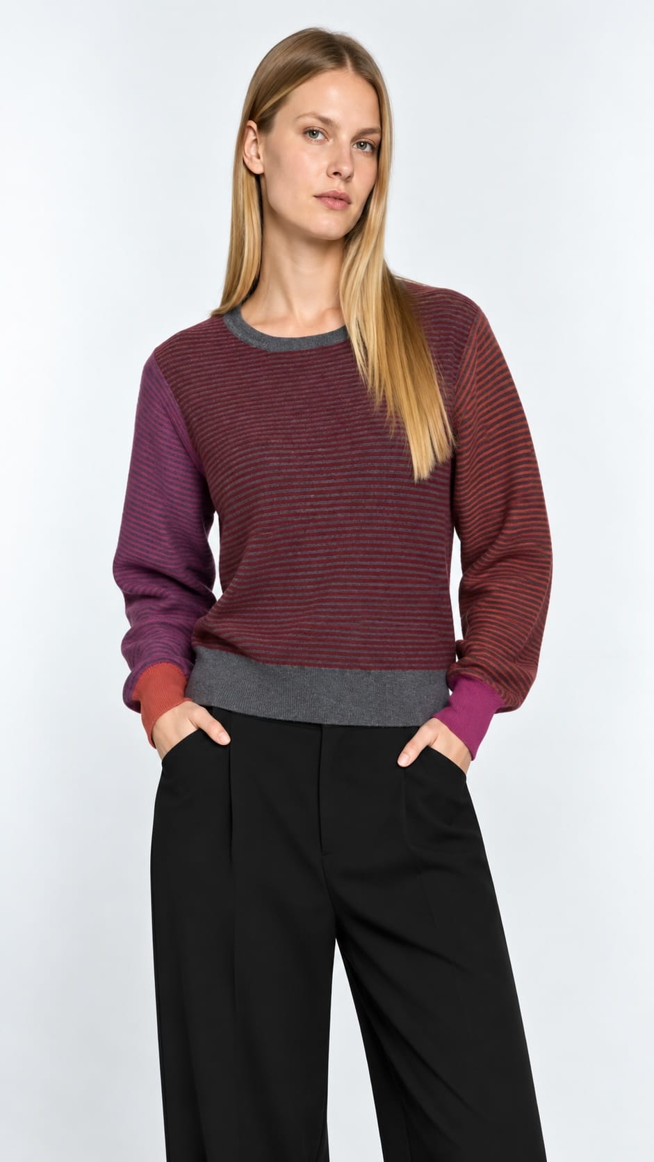 Hasson Sweaters Hasson Links Striped Crew Sweater - Multiple Colors 88716766 Hasson Links Striped Crew Sweater - Multiple Colors S / Charcoal/Dark Cherry