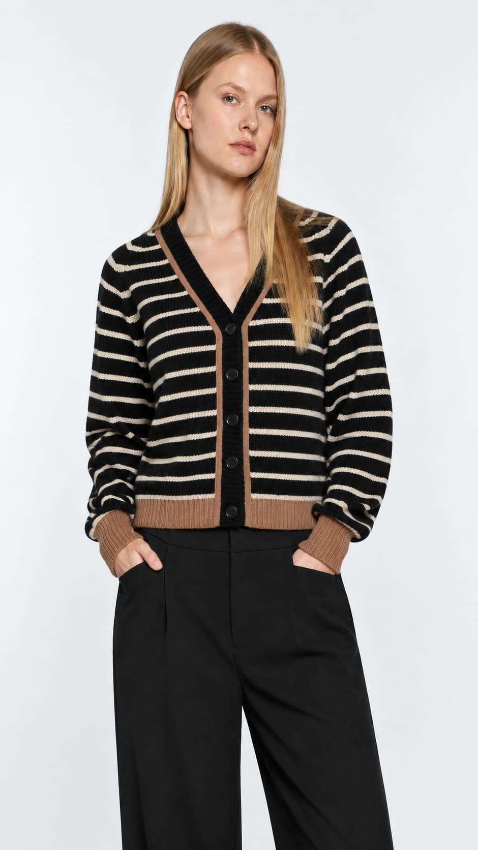 Hasson Cardigans Hasson Stripe V-Neck Cardigan Hasson Stripe V-Neck Cardigan