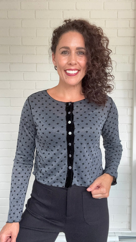 Cut Loose Mesh Dot Velvet Trim Cardigan