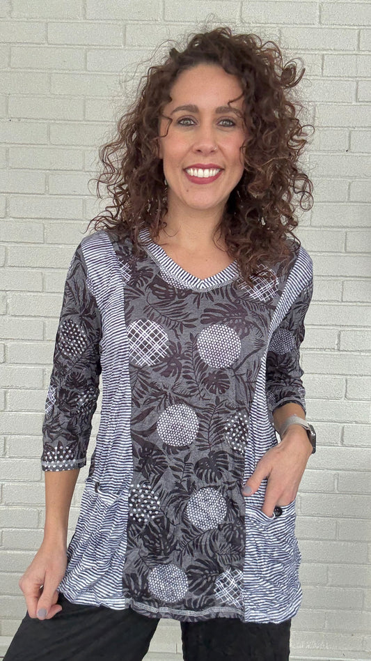 Shana Apparel Crinkle Mixed Media Pocket Top