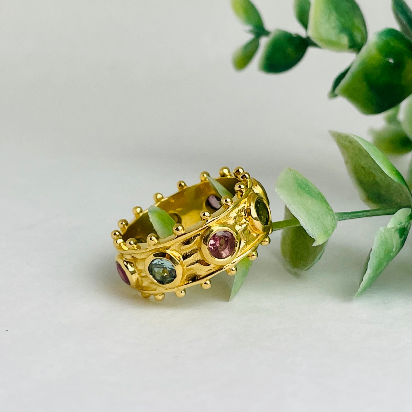 Treisi Jewelry 24K Gold Vermeil Dotted Band Ring with Labradorite