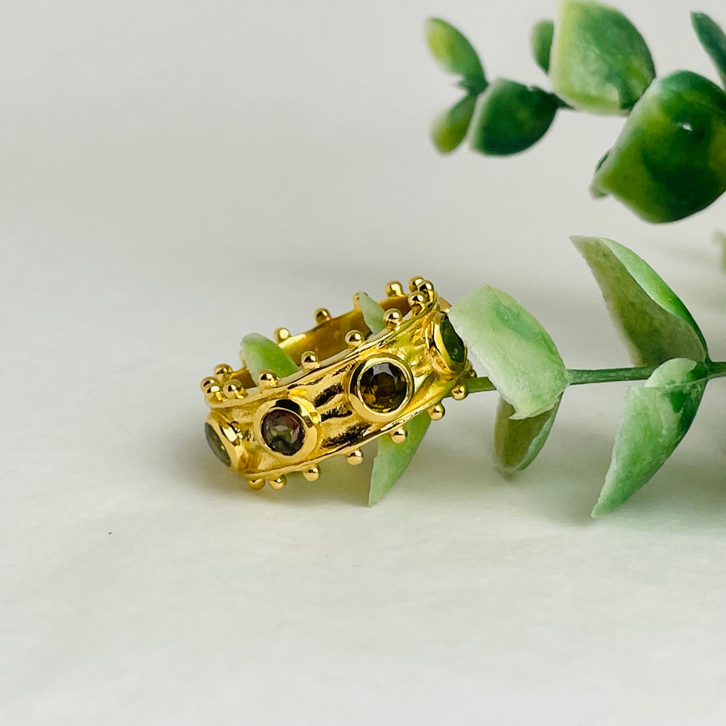 Treisi Jewelry 24K Gold Vermeil Dotted Band Ring with Labradorite