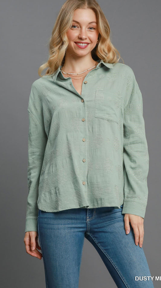 Umgee Swiss Dot Jacquard Button Down Shirt