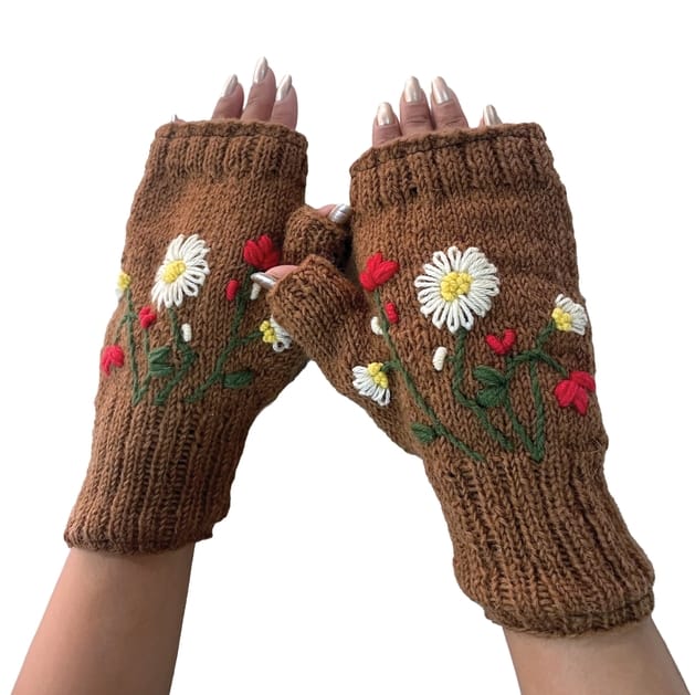Yak & Yeti Gloves Floral Knit Embroidered Fingerless Gloves - Multiple Colors 29428190 Floral Knit Embroidered Fingerless Gloves - Multiple Colors