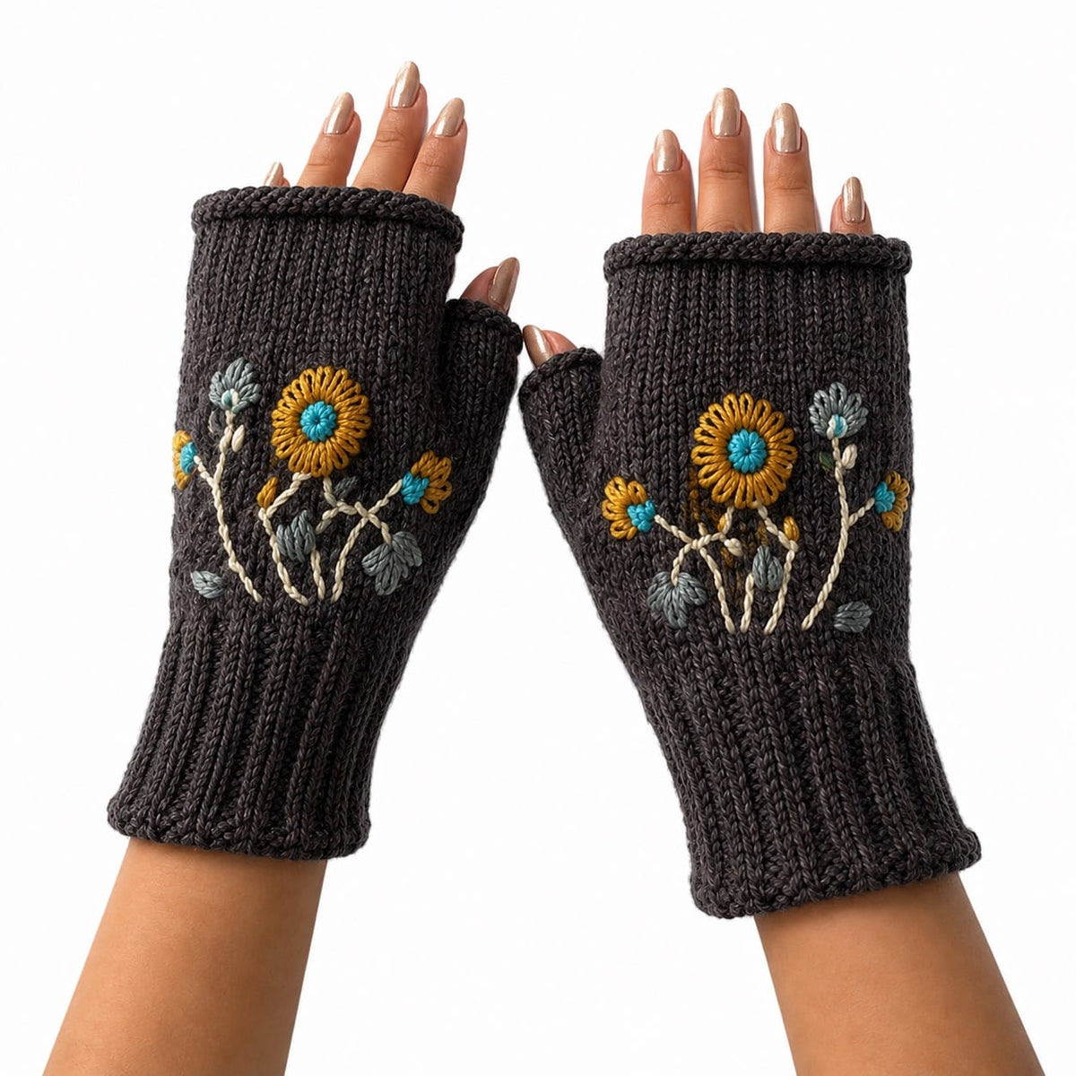 Yak & Yeti Gloves Floral Knit Embroidered Fingerless Gloves - Multiple Colors 29493726 Floral Knit Embroidered Fingerless Gloves - Multiple Colors