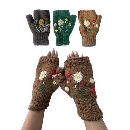 Yak & Yeti Gloves Floral Knit Embroidered Fingerless Gloves - Multiple Colors Floral Knit Embroidered Fingerless Gloves - Multiple Colors
