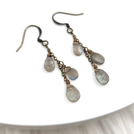 Edgy Petal Dainty Labradorite Cluster Chain Earrings