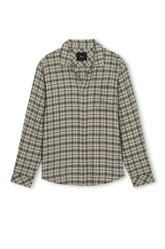 A long-sleeve button-up shirt with a green and brown plaid pattern, displayed flat against a plain white background.