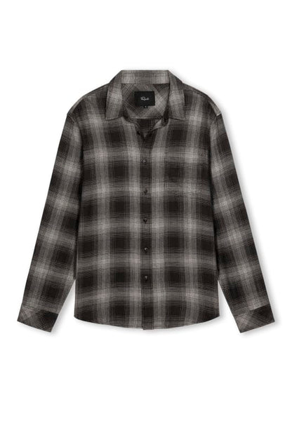 A long-sleeve button-up plaid shirt in black and gray, shown flat against a white background.