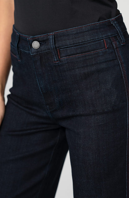 Dark blue jeans with a close-up of the waistband on a white background