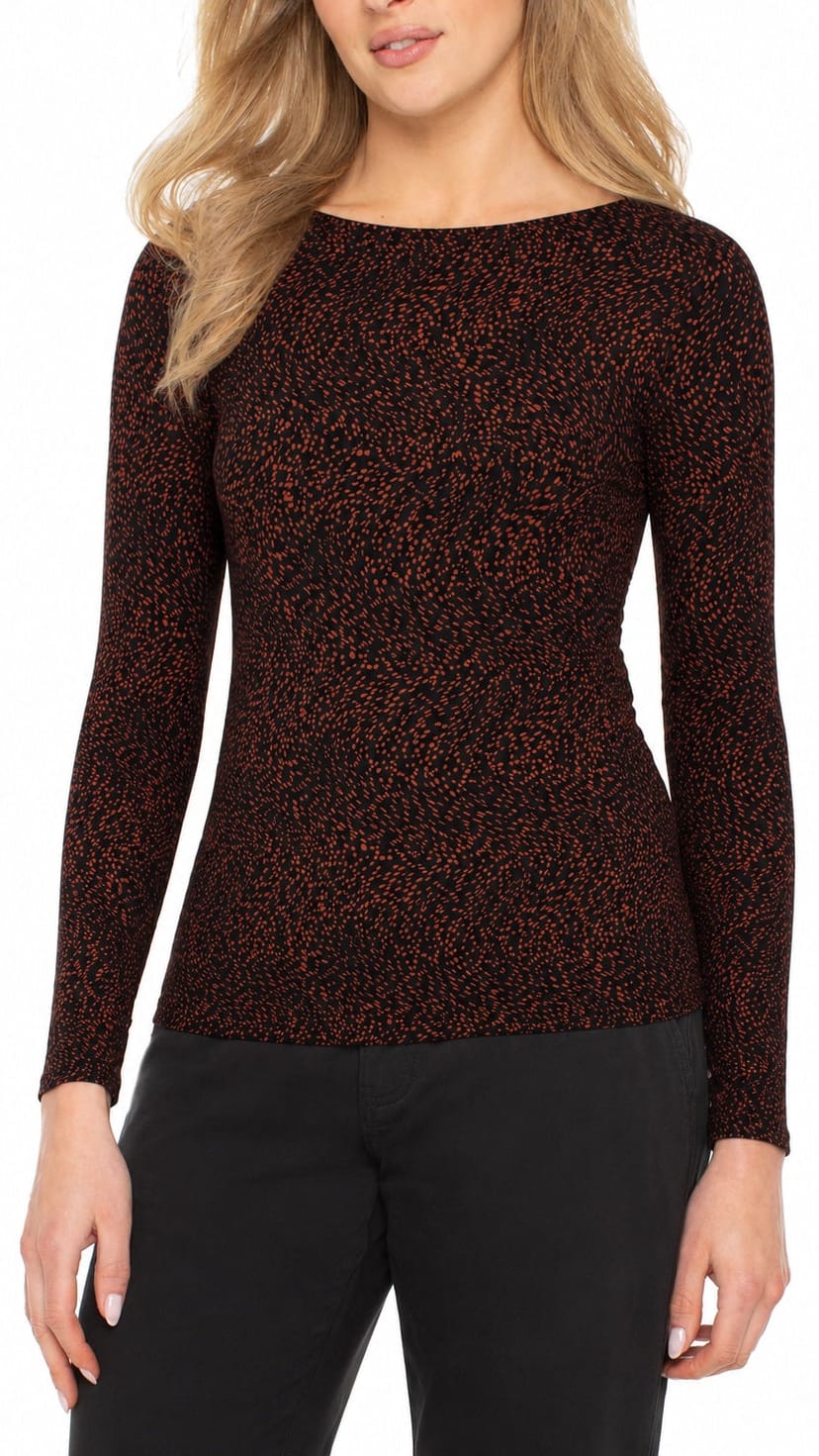 A woman wearing a long-sleeve boat-neck knit top with a dark brown and black textured pattern, paired with black pants, shown against a plain white background.