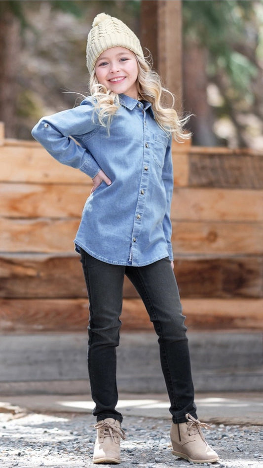 RuffleButts Light Wash Long Sleeve Button Down Shirt