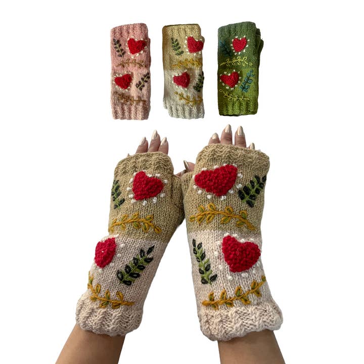 Yak & Yeti Gloves Love Heart Leaf Embroidered Fingerless Gloves - Multiple Colors Love Heart Leaf Embroidered Fingerless Gloves - Multiple Colors