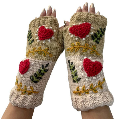 Yak & Yeti Gloves Love Heart Leaf Embroidered Fingerless Gloves - Multiple Colors 80841182 Love Heart Leaf Embroidered Fingerless Gloves - Multiple Colors