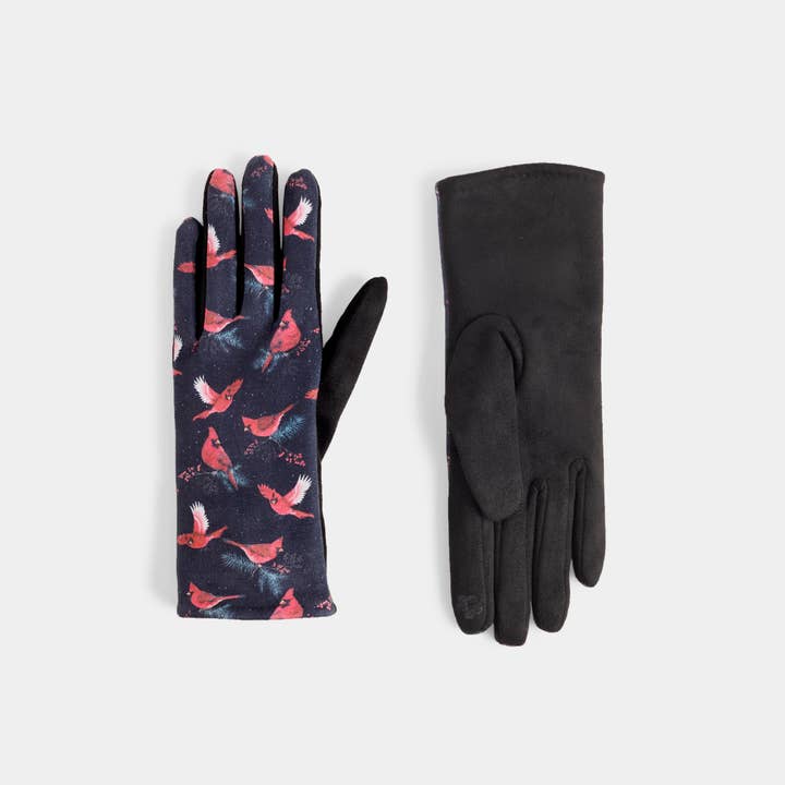 A pair of long cardinal gloves laid flat on a light gray background. 