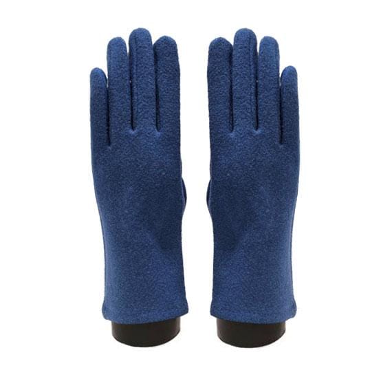 A pair of blue knit gloves displayed flat against a solid white background.