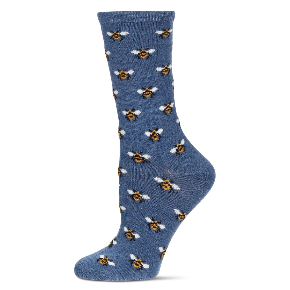 Blue sock with bee pattern on a white background