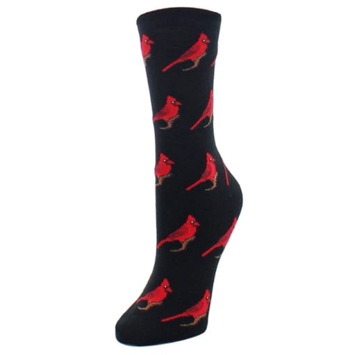 Black sock with red cardinal bird pattern on a white background
