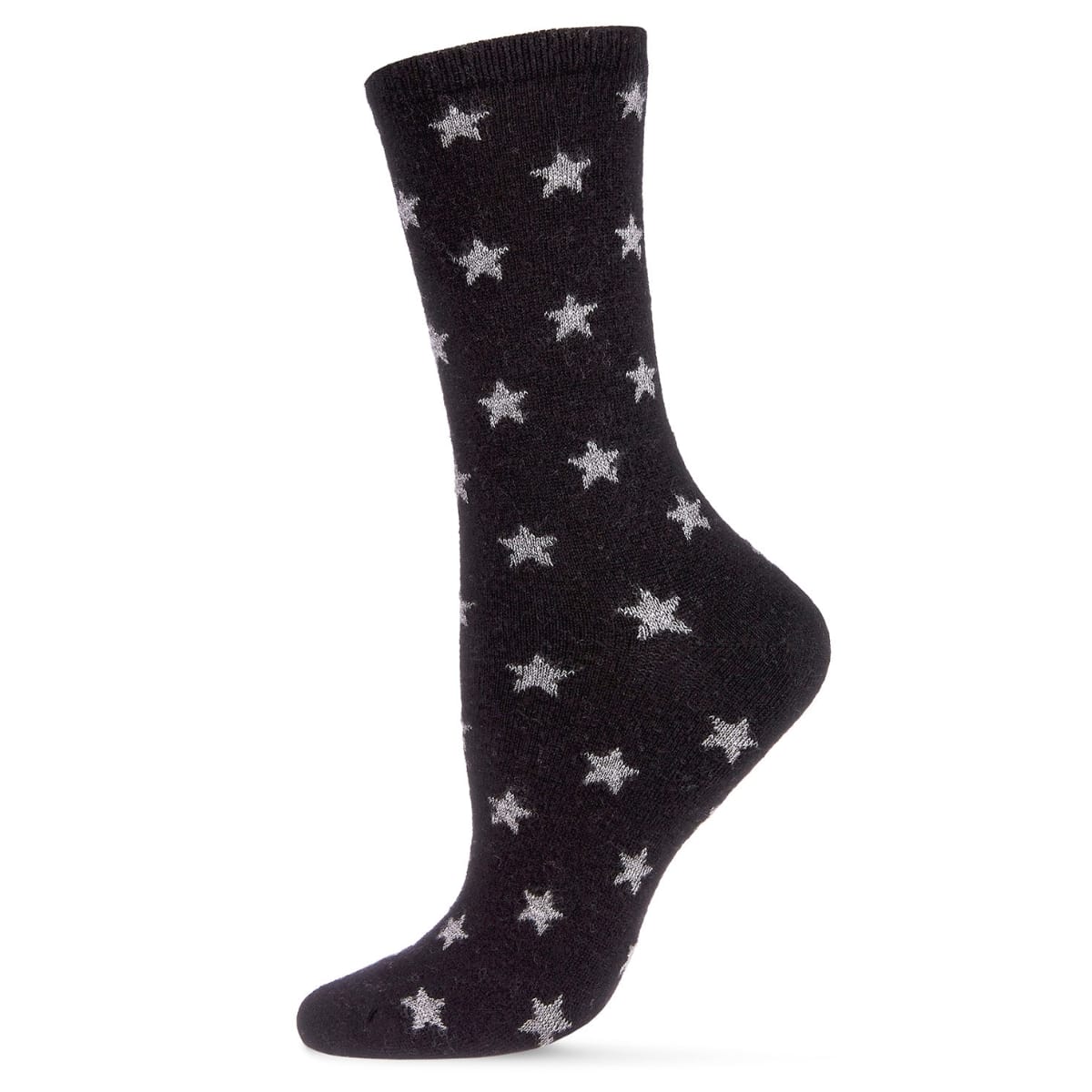 Black sock with silver star pattern on a white background