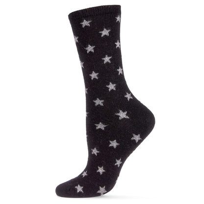 Black sock with silver star pattern on a white background