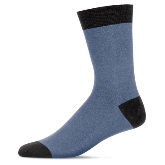 Blue sock with black accents on a white background