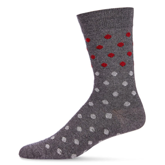 Gray sock with red and white polka dots on a white background