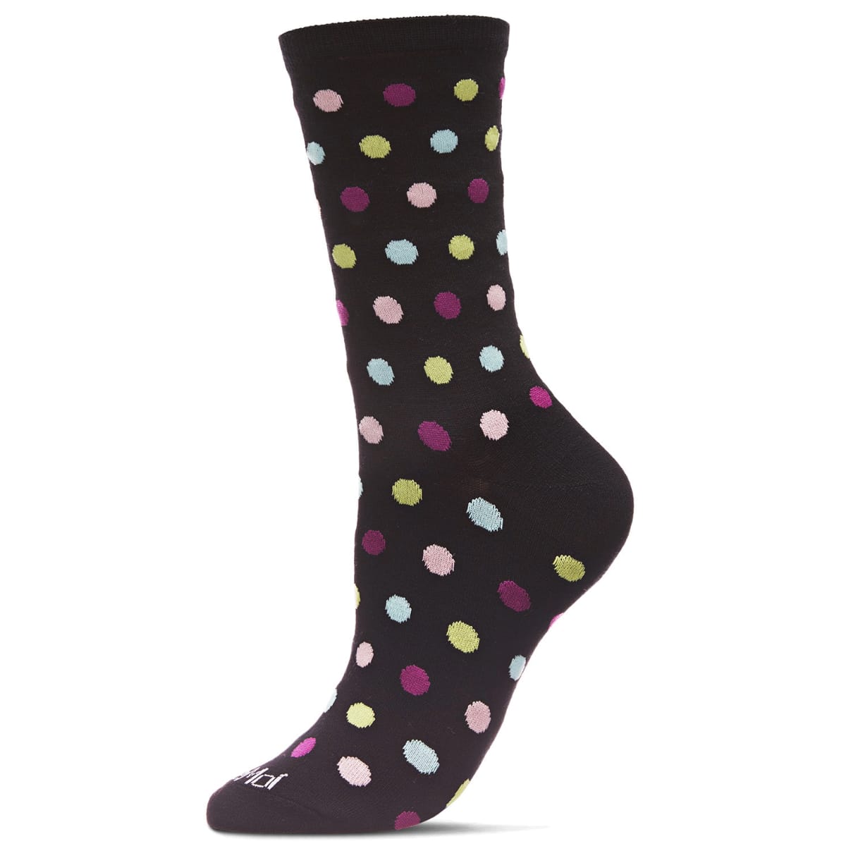 Black sock with colorful polka dots on a white background