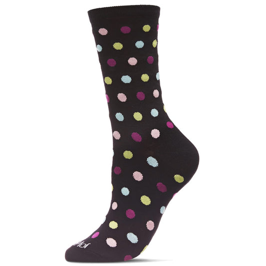 Black sock with colorful polka dots on a white background